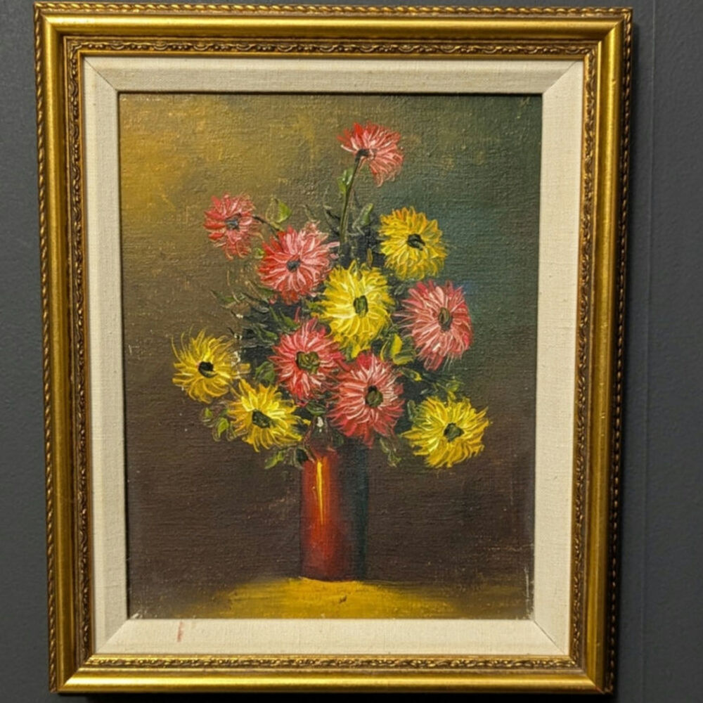 Vintage Moody Cottage Floral Oil Painting Mid-Century Still Life in Gilt Frame